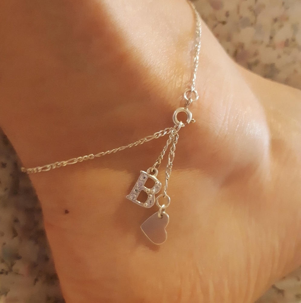 Sterling SilverB Initial with Heart Charm Anklet
